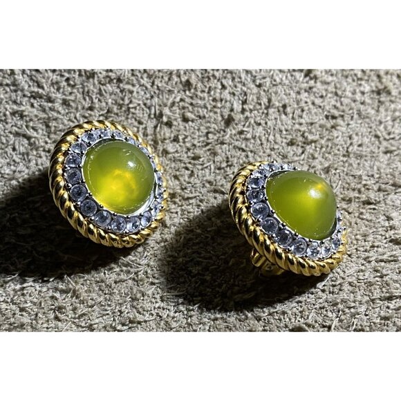 Vintage Joan Rivers Goldtone Clip-On Earrings Crystals & Green Translucent Stone - Picture 2 of 9